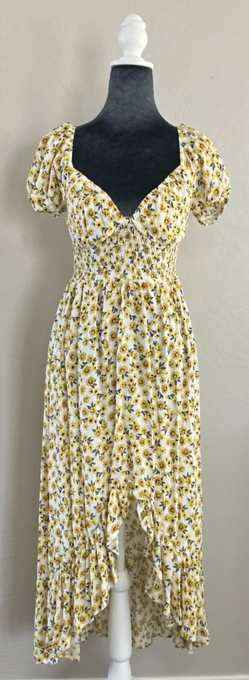 Dress Babydoll Maxi High Low Sunflower Cottagecore Ruffle Trim Asymmetric Small